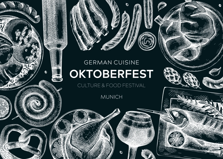 German food background on chalkboard. Oktoberfest menu design. Vector meat dishes sketches. German cuisine banner in vintage style. Traditional Food festival illustration. Beer hand drawing